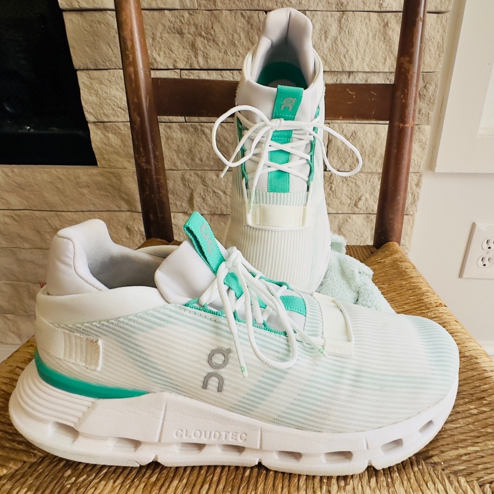 On Running White and Mint Sneakers